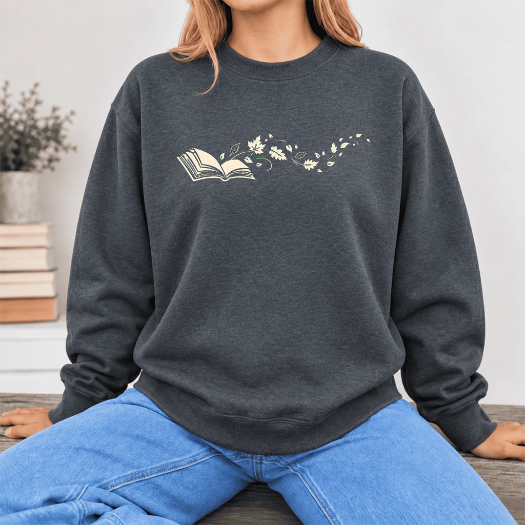 Open Book With Leaves Softstyle Sweatshirt | Reading Life Book Lover Gift Dark Heather