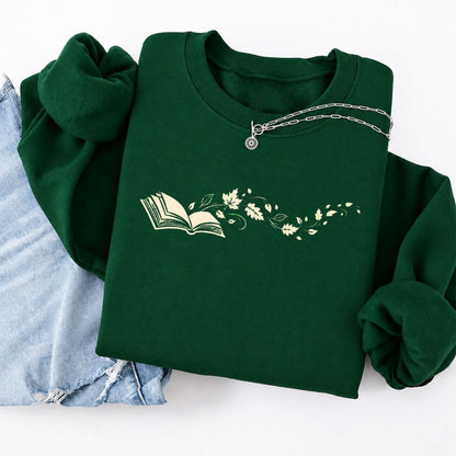 Open Book With Leaves Softstyle Sweatshirt | Reading Life Book Lover Gift Forest Green