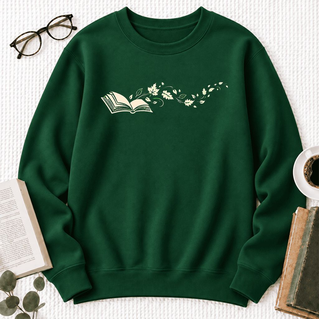 Open Book With Leaves Softstyle Sweatshirt | Reading Life Book Lover Gift Forest Green