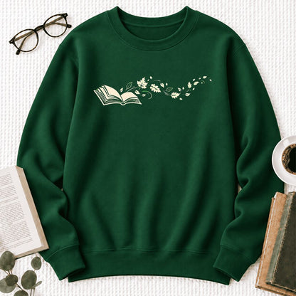 Open Book With Leaves Softstyle Sweatshirt | Reading Life Book Lover Gift Forest Green