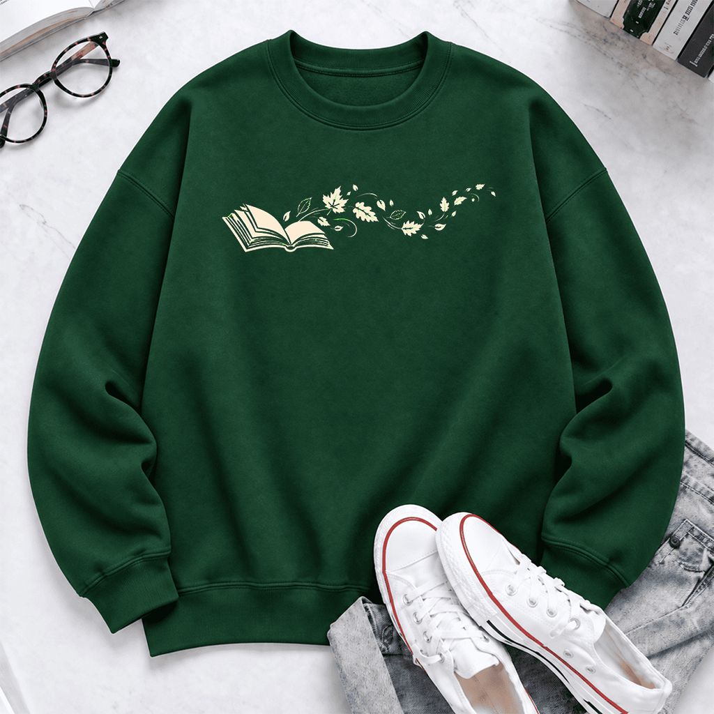 Open Book With Leaves Softstyle Sweatshirt | Reading Life Book Lover Gift Forest Green