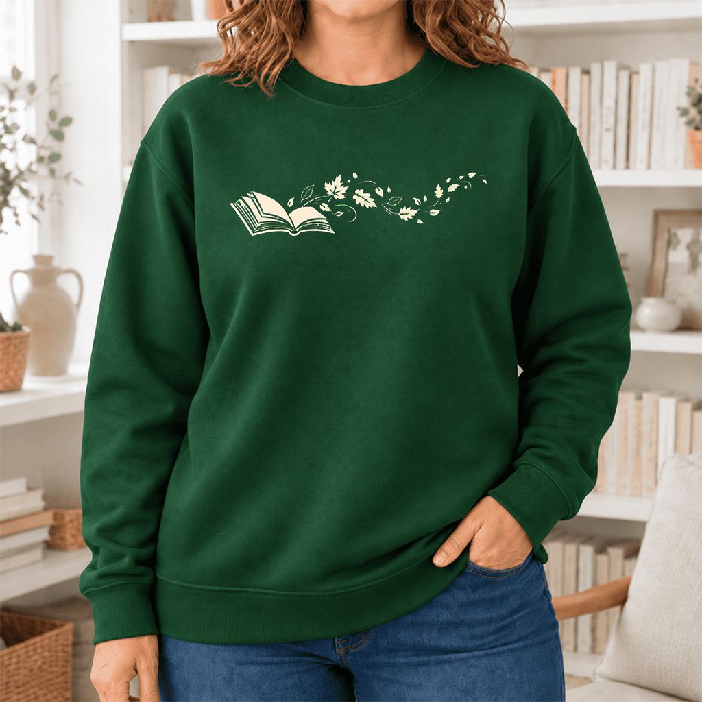 Open Book With Leaves Softstyle Sweatshirt | Reading Life Book Lover Gift Forest Green