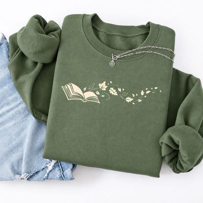Open Book With Leaves Softstyle Sweatshirt | Reading Life Book Lover Gift Military Green