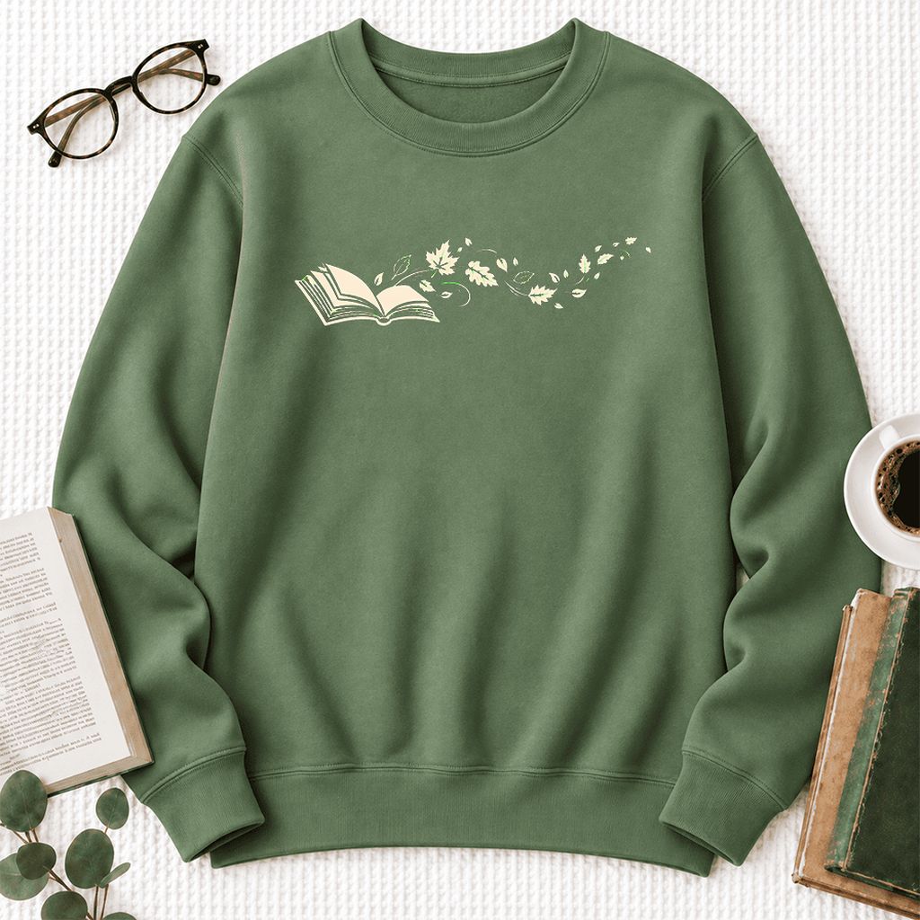 Open Book With Leaves Softstyle Sweatshirt | Reading Life Book Lover Gift Military Green