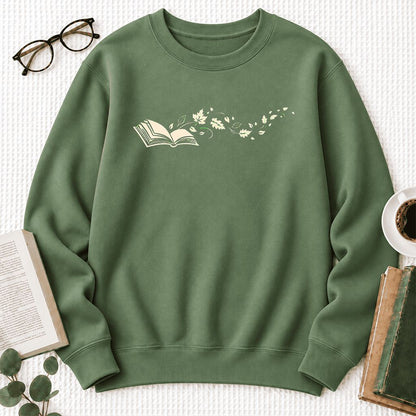 Open Book With Leaves Softstyle Sweatshirt | Reading Life Book Lover Gift Military Green