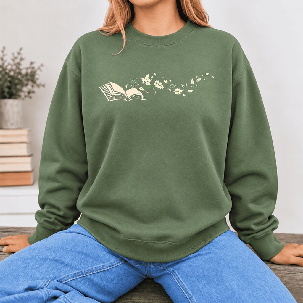 Open Book With Leaves Softstyle Sweatshirt | Reading Life Book Lover Gift Military Green