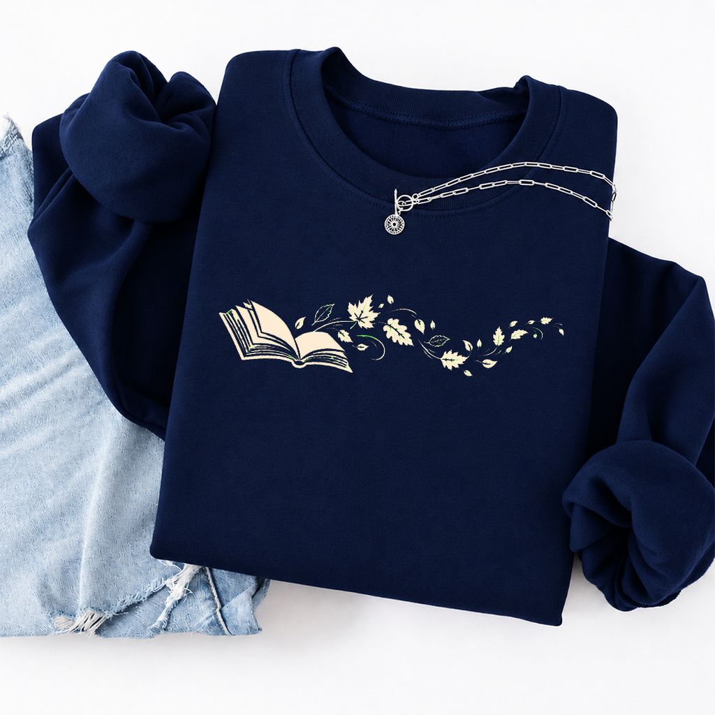 Open Book With Leaves Softstyle Sweatshirt | Reading Life Book Lover Gift Navy