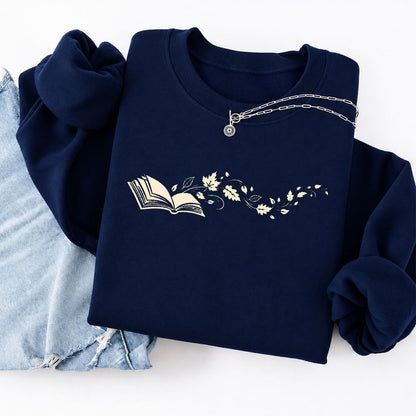 Open Book With Leaves Softstyle Sweatshirt | Reading Life Book Lover Gift Navy