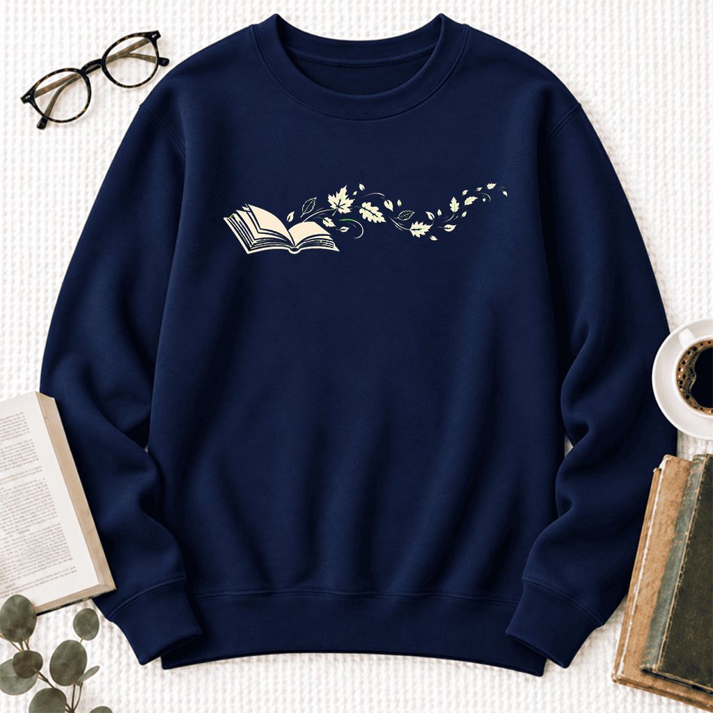 Open Book With Leaves Softstyle Sweatshirt | Reading Life Book Lover Gift Navy