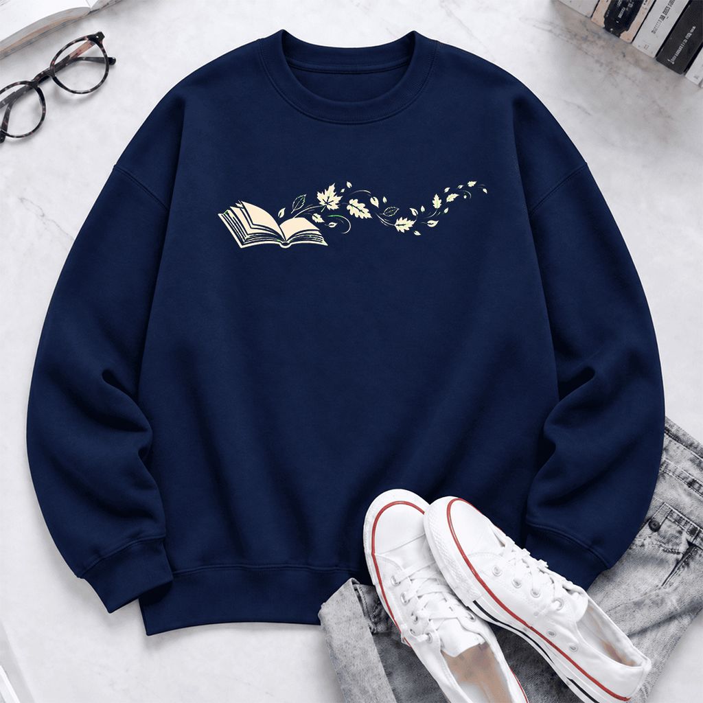 Open Book With Leaves Softstyle Sweatshirt | Reading Life Book Lover Gift Navy