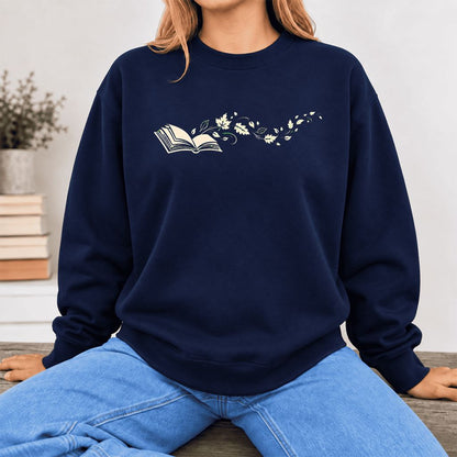 Open Book With Leaves Softstyle Sweatshirt | Reading Life Book Lover Gift Navy