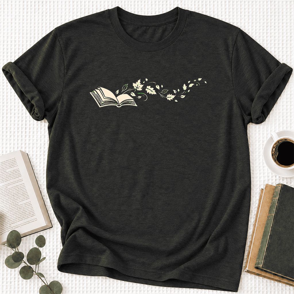 Open Book With Leaves Ultra-Soft Cotton T-Shirt | Reading Life Book Lover Gift Black Heather