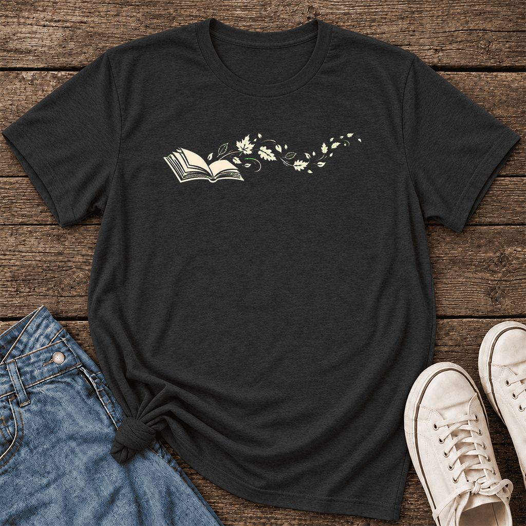 Open Book With Leaves Ultra-Soft Cotton T-Shirt | Reading Life Book Lover Gift Black Heather