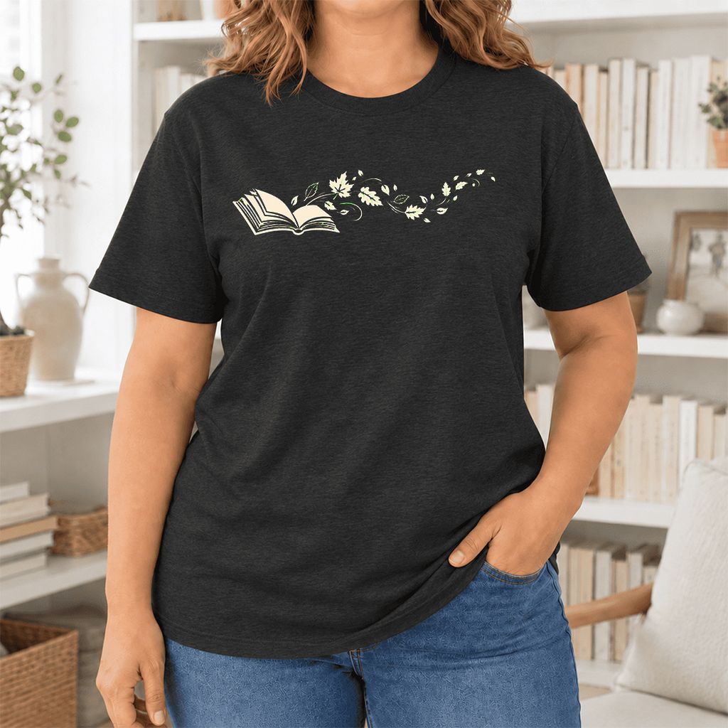 Open Book With Leaves Ultra-Soft Cotton T-Shirt | Reading Life Book Lover Gift Black Heather