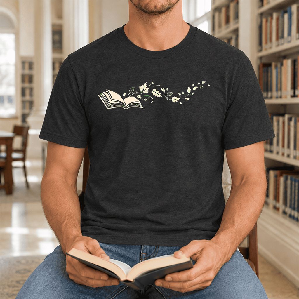 Open Book With Leaves Ultra-Soft Cotton T-Shirt | Reading Life Book Lover Gift Black Heather