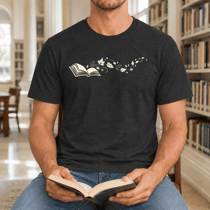 Open Book With Leaves Ultra-Soft Cotton T-Shirt | Reading Life Book Lover Gift Black Heather