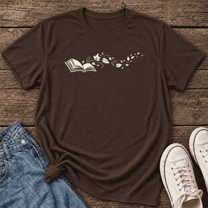 Open Book With Leaves Ultra-Soft Cotton T-Shirt | Reading Life Book Lover Gift Brown