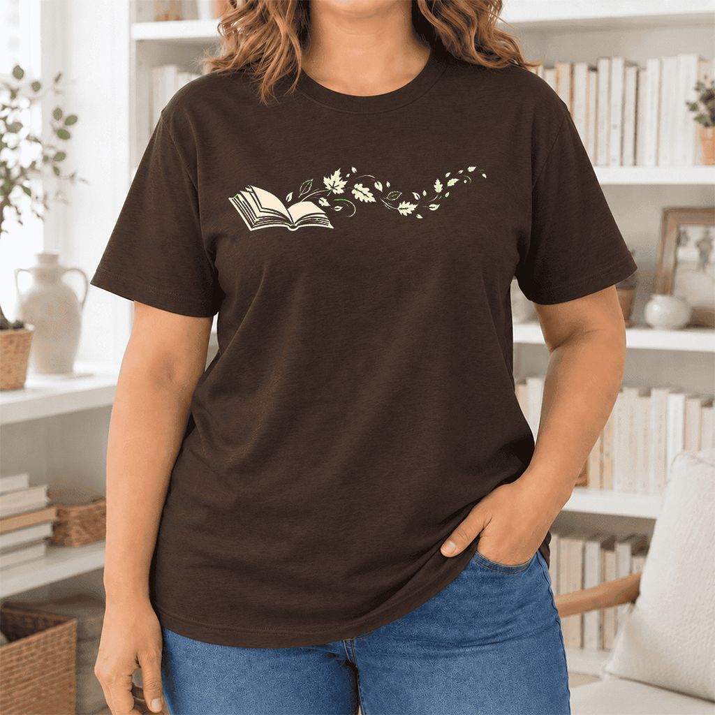 Open Book With Leaves Ultra-Soft Cotton T-Shirt | Reading Life Book Lover Gift Brown