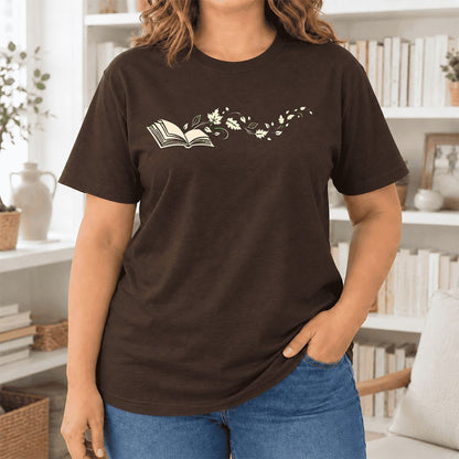 Open Book With Leaves Ultra-Soft Cotton T-Shirt | Reading Life Book Lover Gift Brown