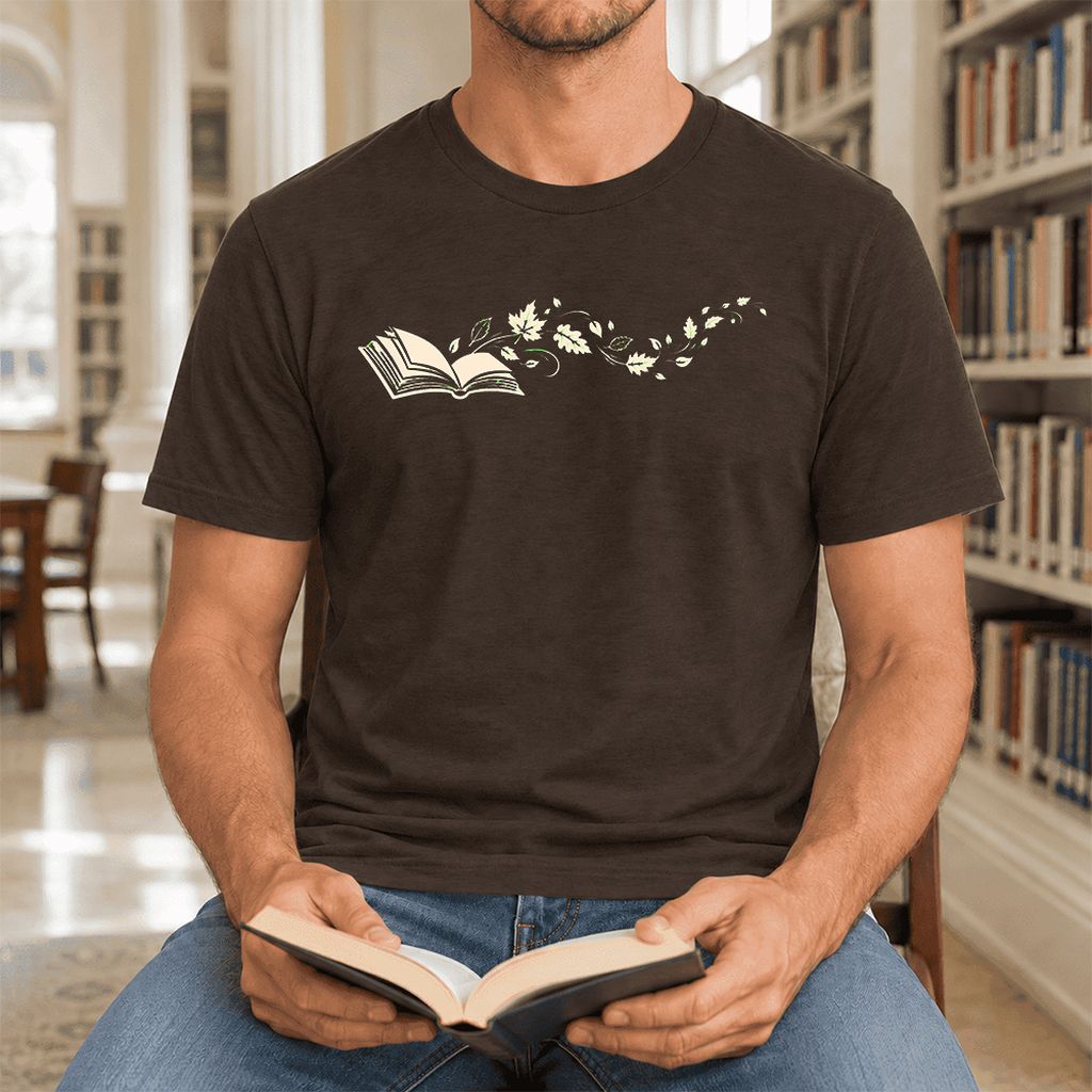 Open Book With Leaves Ultra-Soft Cotton T-Shirt | Reading Life Book Lover Gift Brown