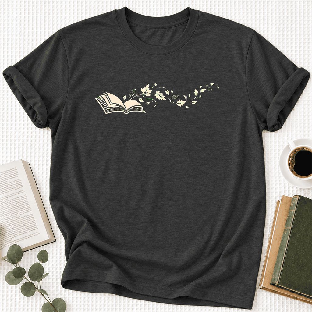 Open Book With Leaves Ultra-Soft Cotton T-Shirt | Reading Life Book Lover Gift Dark Grey Heather