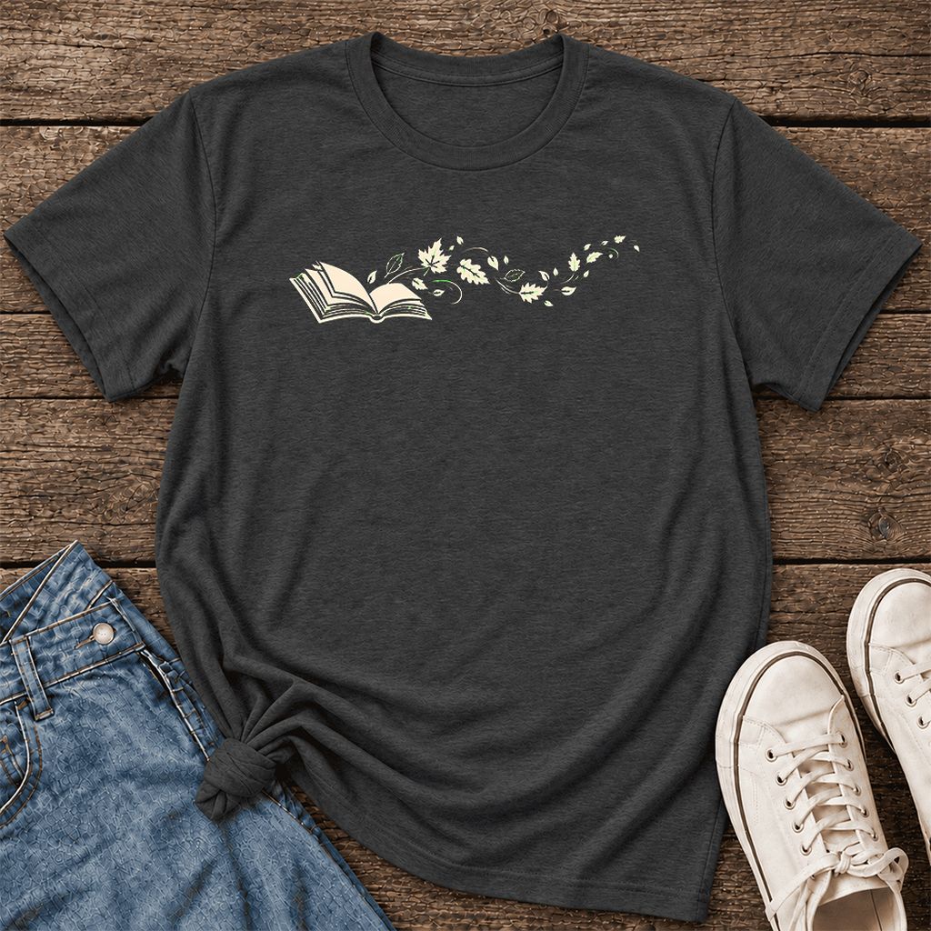 Open Book With Leaves Ultra-Soft Cotton T-Shirt | Reading Life Book Lover Gift Dark Grey Heather