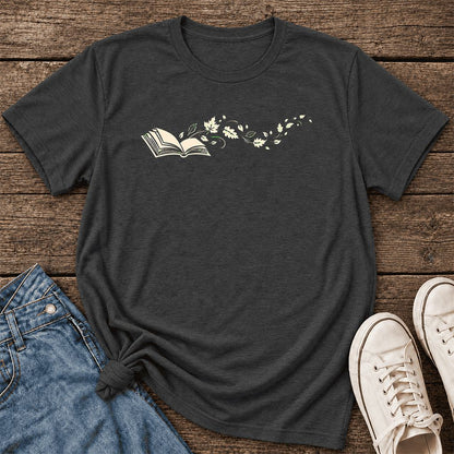 Open Book With Leaves Ultra-Soft Cotton T-Shirt | Reading Life Book Lover Gift Dark Grey Heather