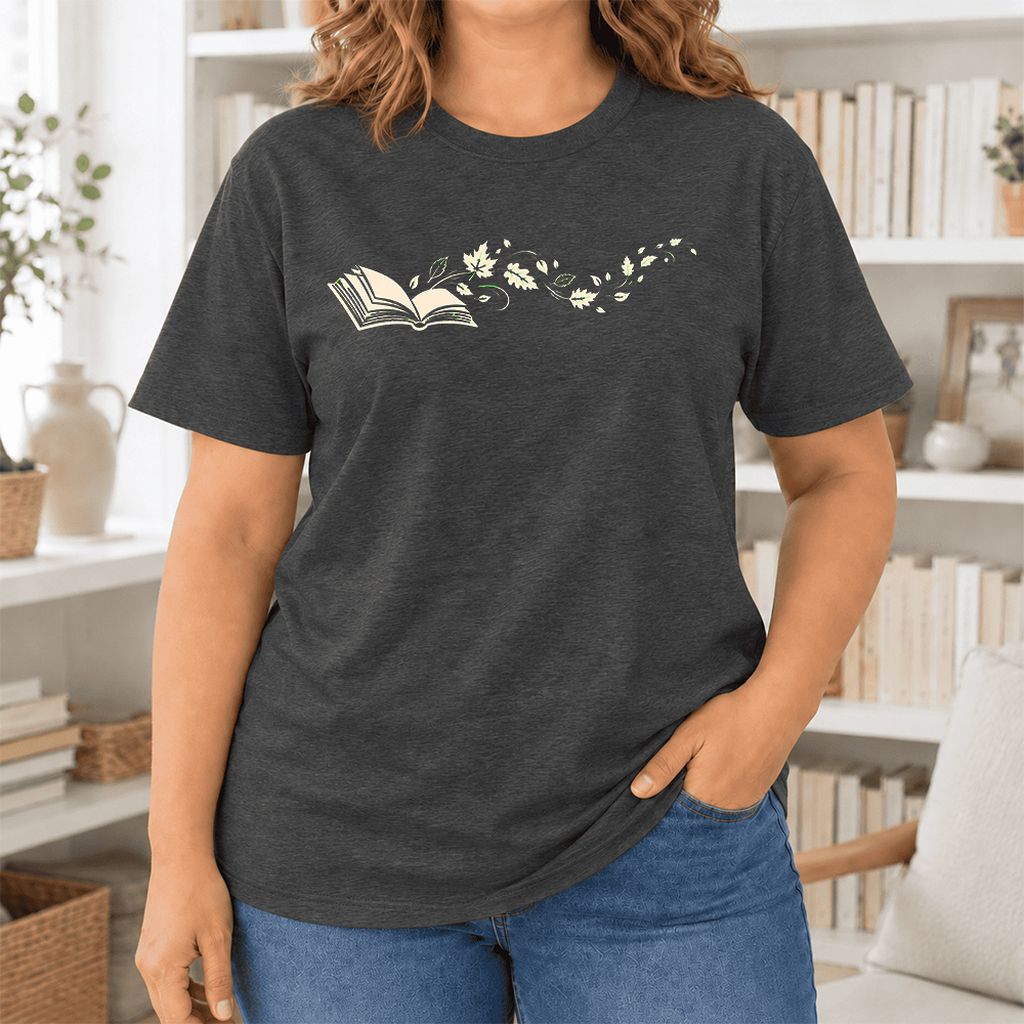 Open Book With Leaves Ultra-Soft Cotton T-Shirt | Reading Life Book Lover Gift Dark Grey Heather