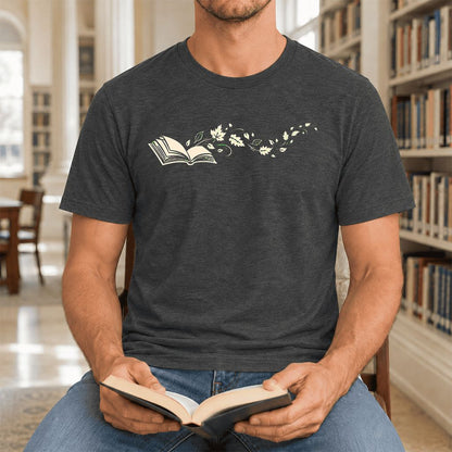 Open Book With Leaves Ultra-Soft Cotton T-Shirt | Reading Life Book Lover Gift Dark Grey Heather