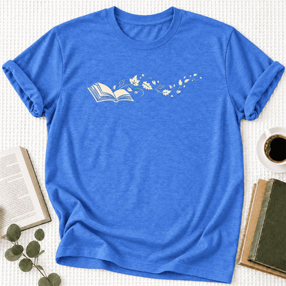 Open Book With Leaves Ultra-Soft Cotton T-Shirt | Reading Life Book Lover Gift Heather True Royal