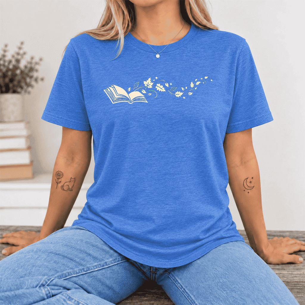 Open Book With Leaves Ultra-Soft Cotton T-Shirt | Reading Life Book Lover Gift Heather True Royal