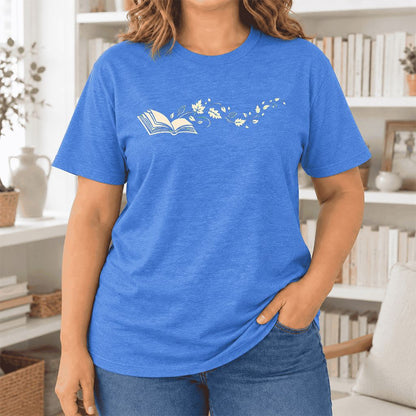 Open Book With Leaves Ultra-Soft Cotton T-Shirt | Reading Life Book Lover Gift Heather True Royal