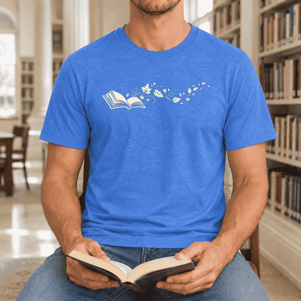 Open Book With Leaves Ultra-Soft Cotton T-Shirt | Reading Life Book Lover Gift Heather True Royal