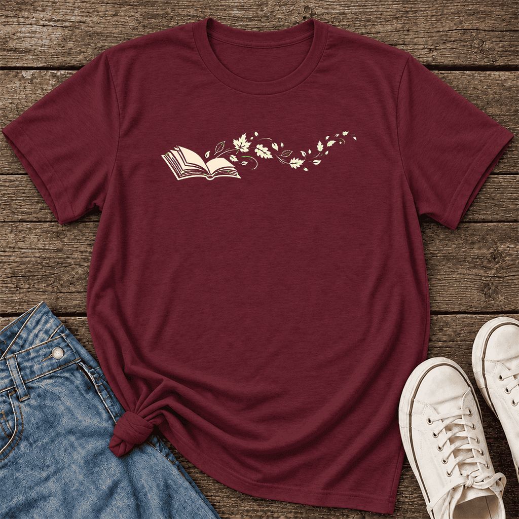 Open Book With Leaves Ultra-Soft Cotton T-Shirt | Reading Life Book Lover Gift Maroon