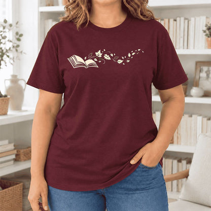 Open Book With Leaves Ultra-Soft Cotton T-Shirt | Reading Life Book Lover Gift Maroon