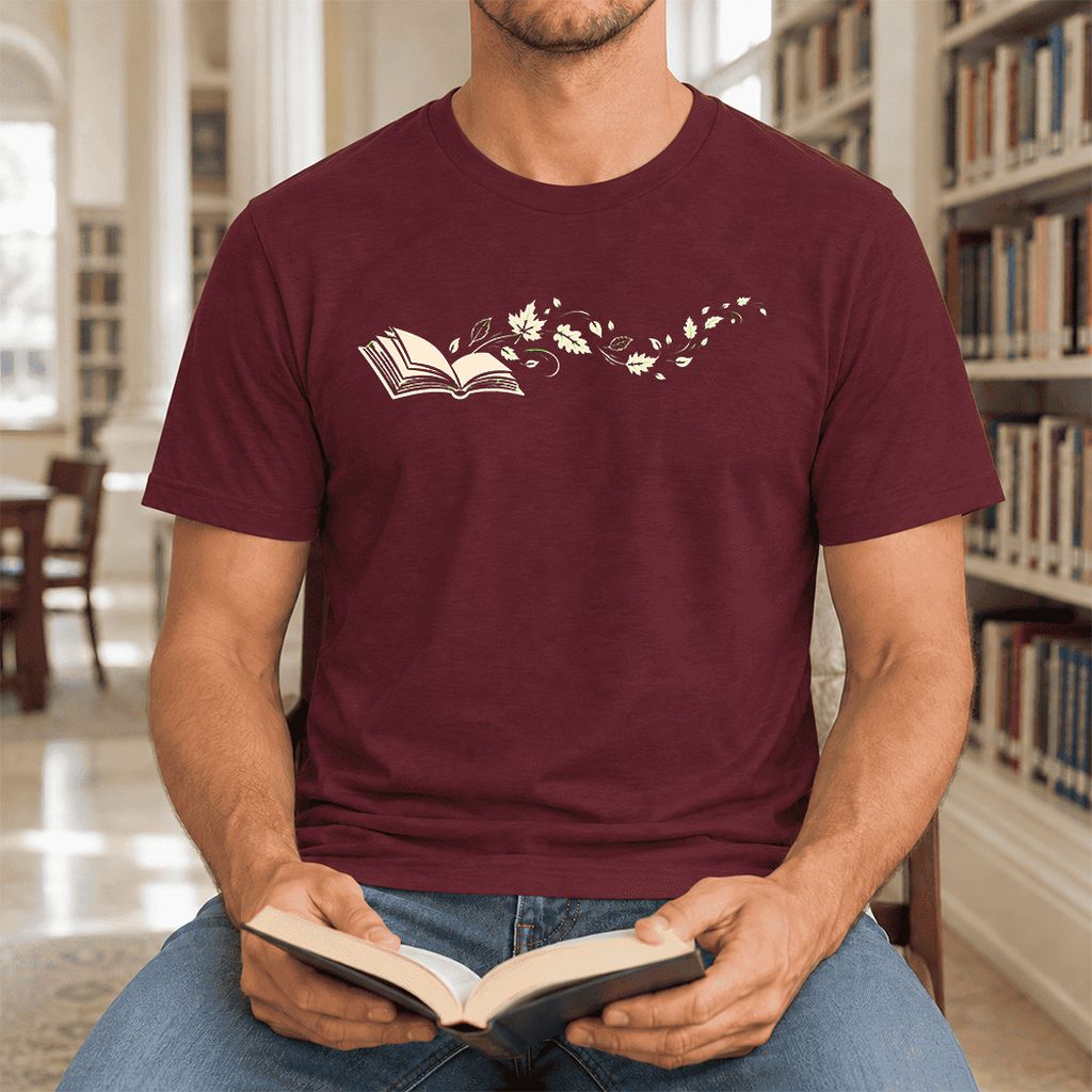 Open Book With Leaves Ultra-Soft Cotton T-Shirt | Reading Life Book Lover Gift Maroon