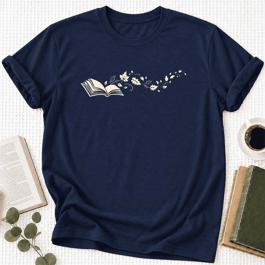Open Book With Leaves Ultra-Soft Cotton T-Shirt | Reading Life Book Lover Gift Navy