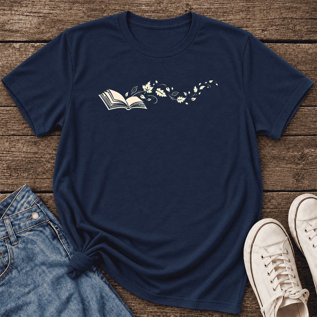 Open Book With Leaves Ultra-Soft Cotton T-Shirt | Reading Life Book Lover Gift Navy