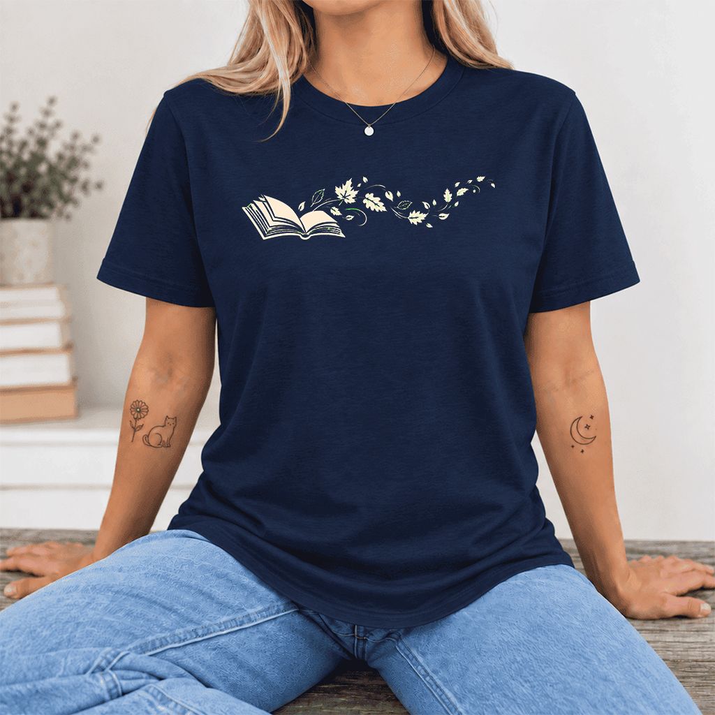 Open Book With Leaves Ultra-Soft Cotton T-Shirt | Reading Life Book Lover Gift Navy