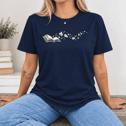 Open Book With Leaves Ultra-Soft Cotton T-Shirt | Reading Life Book Lover Gift Navy