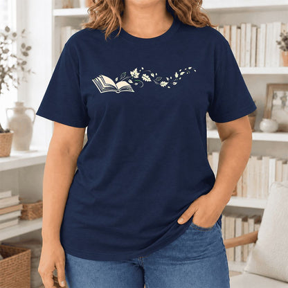 Open Book With Leaves Ultra-Soft Cotton T-Shirt | Reading Life Book Lover Gift Navy