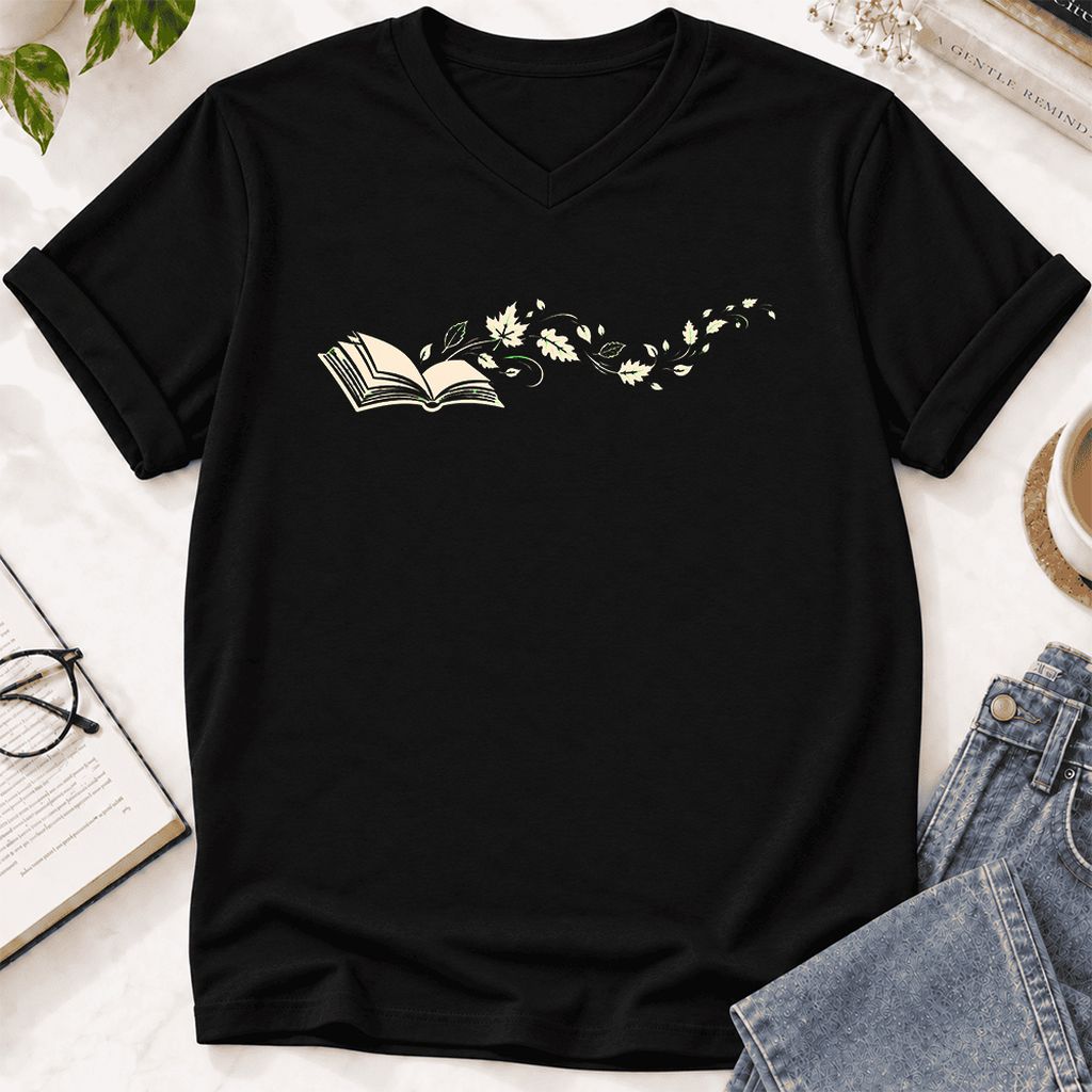 Open Book With Leaves Ultra-Soft V-Neck | Reading Life Book Lover Gift Black