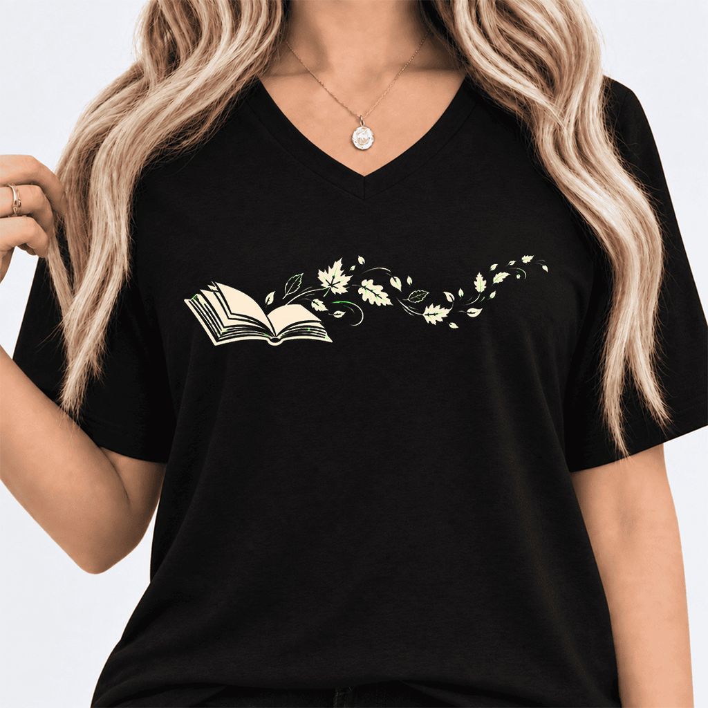 Open Book With Leaves Ultra-Soft V-Neck | Reading Life Book Lover Gift Black