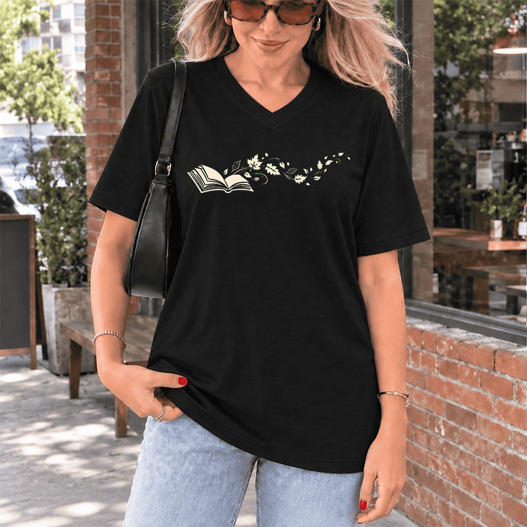Open Book With Leaves Ultra-Soft V-Neck | Reading Life Book Lover Gift Black