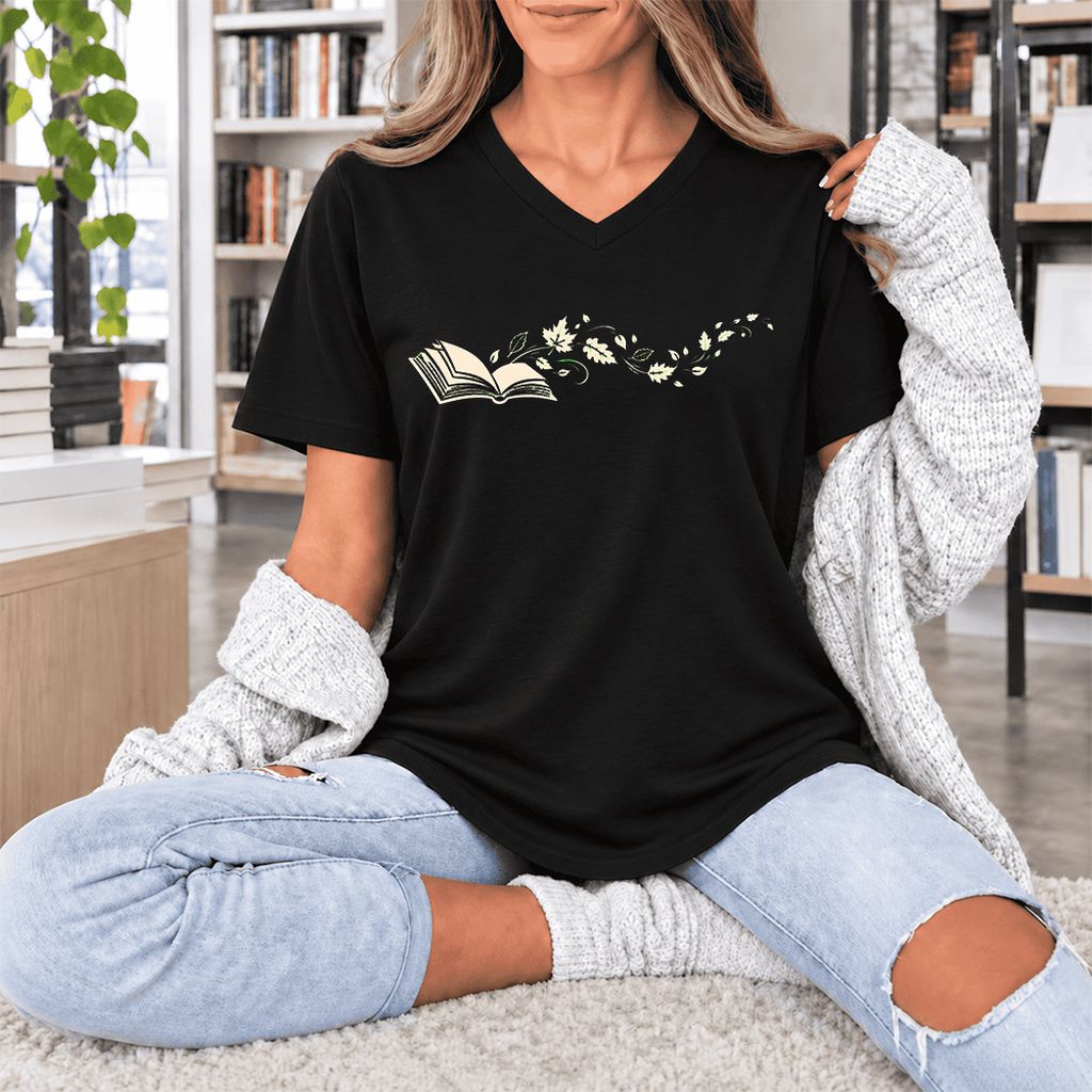 Open Book With Leaves Ultra-Soft V-Neck | Reading Life Book Lover Gift Black