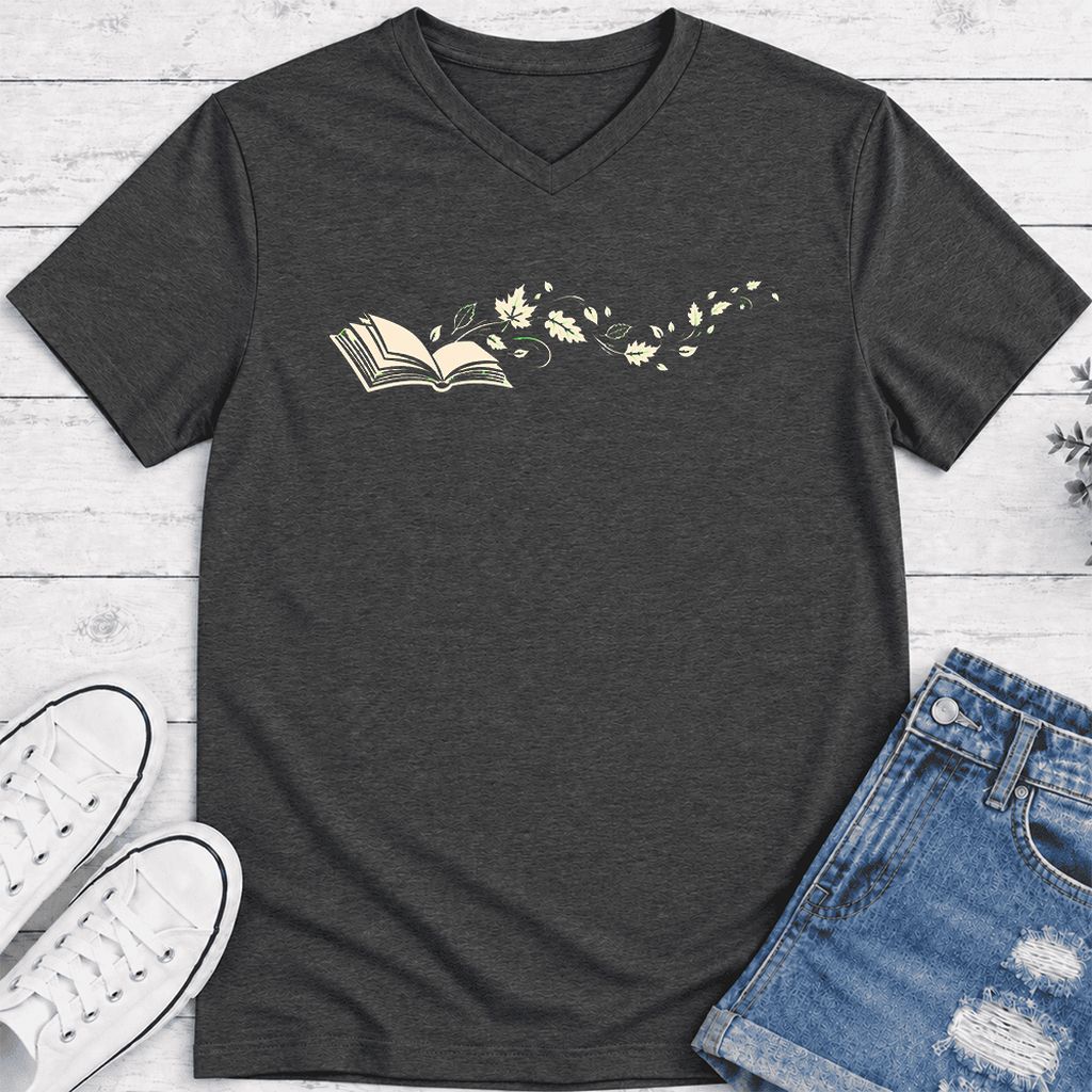 Open Book With Leaves Ultra-Soft V-Neck | Reading Life Book Lover Gift Dark Grey Heather