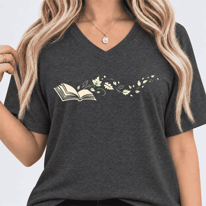 Open Book With Leaves Ultra-Soft V-Neck | Reading Life Book Lover Gift Dark Grey Heather
