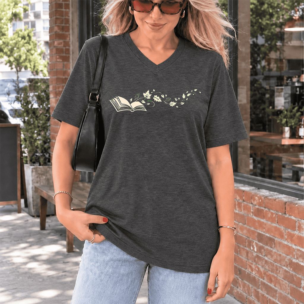Open Book With Leaves Ultra-Soft V-Neck | Reading Life Book Lover Gift Dark Grey Heather