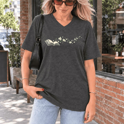 Open Book With Leaves Ultra-Soft V-Neck | Reading Life Book Lover Gift Dark Grey Heather