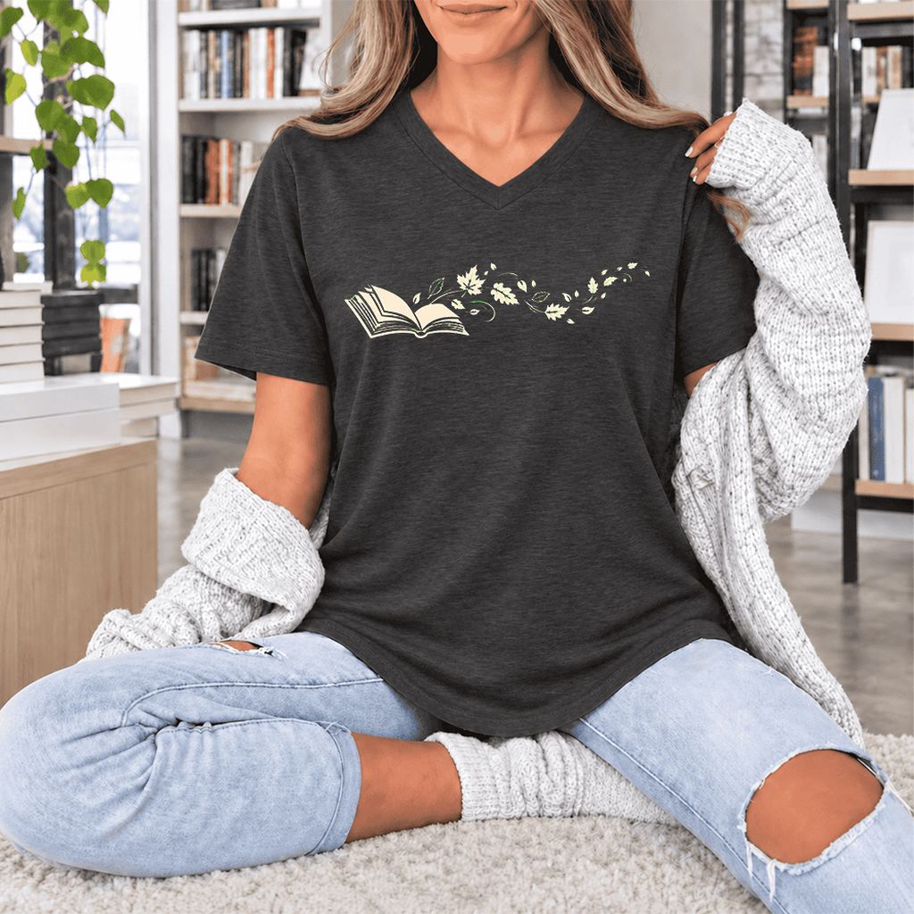 Open Book With Leaves Ultra-Soft V-Neck | Reading Life Book Lover Gift Dark Grey Heather